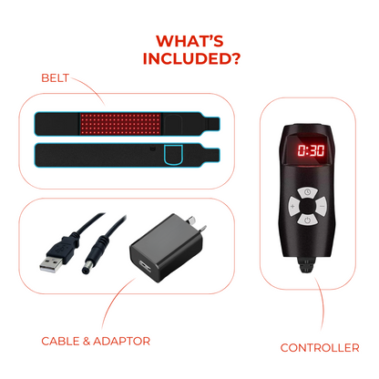 Zennredi Red Light Therapy Belt package including belt, cable, adaptor, and controller for at-home pain relief.