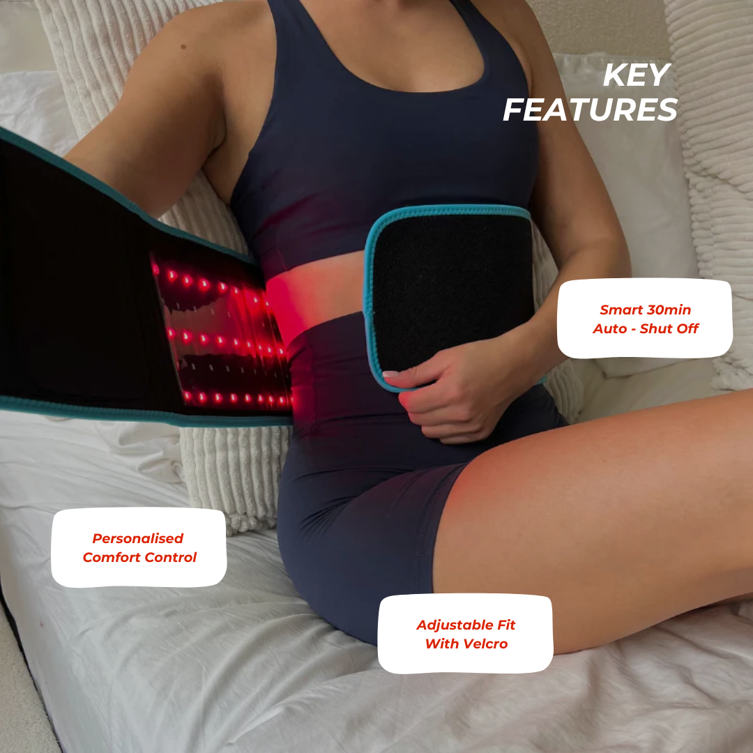 Woman using the Red light therapy belt on her waist, showcasing adjustable fit and comfort control features.