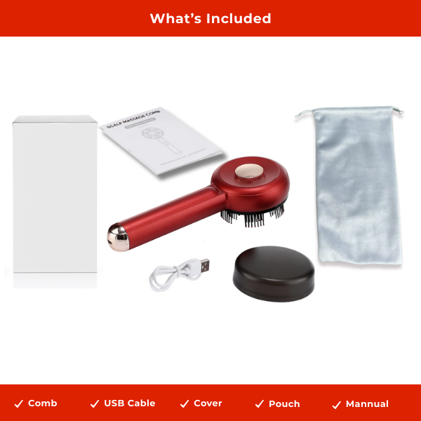 Scalp Therapy Comb kit with red LED comb, USB cable, cover, pouch, and manual for hair health