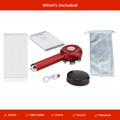 Scalp Therapy Comb kit with red LED comb, USB cable, cover, pouch, and manual for hair health
