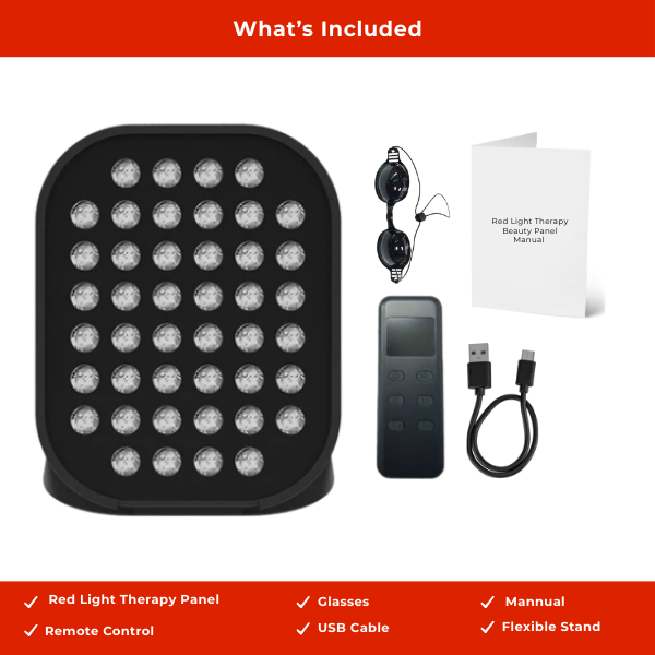 Skin Rejuvenation Device kit: red light panel, remote, USB, glasses, manual, and flexible stand