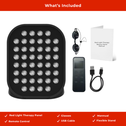 Skin Rejuvenation Device kit: red light panel, remote, USB, glasses, manual, and flexible stand