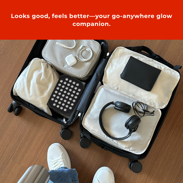 Skin Rejuvenation Device portable kit with red light panel, remote, USB, glasses, and travel case