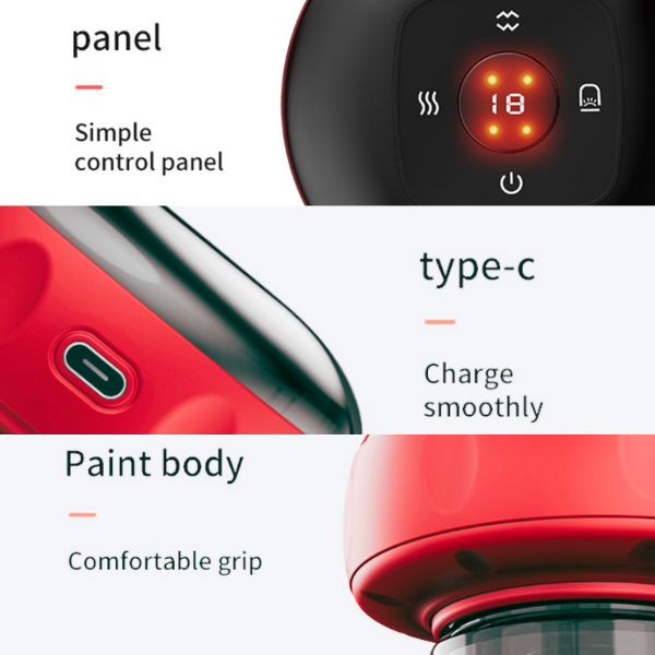 Adaptive Cupping Therapy Device in red with simple control panel, 18°C display, Type-C charging, and comfortable grip