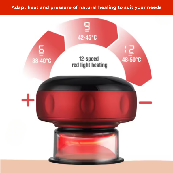Adaptive Cupping Therapy Device in red with 12-speed red light heating, 38-50°C heat, and adjustable pressure