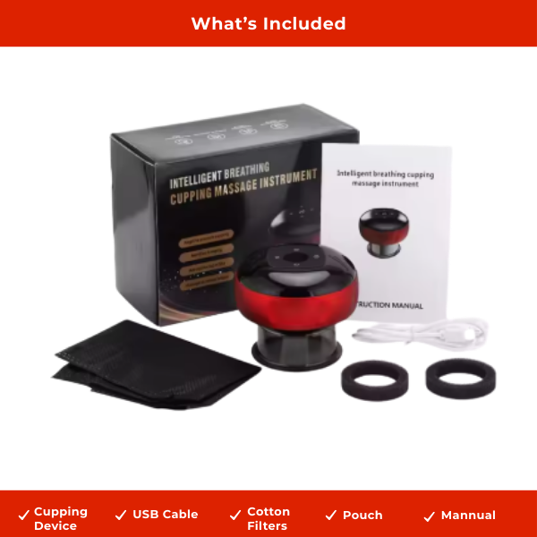 Intelligent Breathing Cupping Massage Instrument in red with USB cable, pouch, filters, and manual