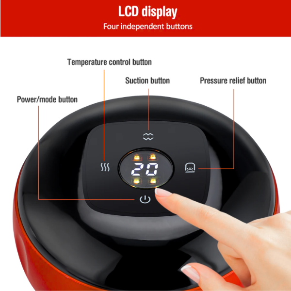 Cupping Massage Instrument in red with LCD display, 20°C temperature control, suction, and pressure relief buttons