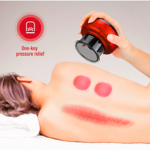 Intelligent Breathing Cupping Massage Instrument in red with one-key pressure relief for muscle therapy