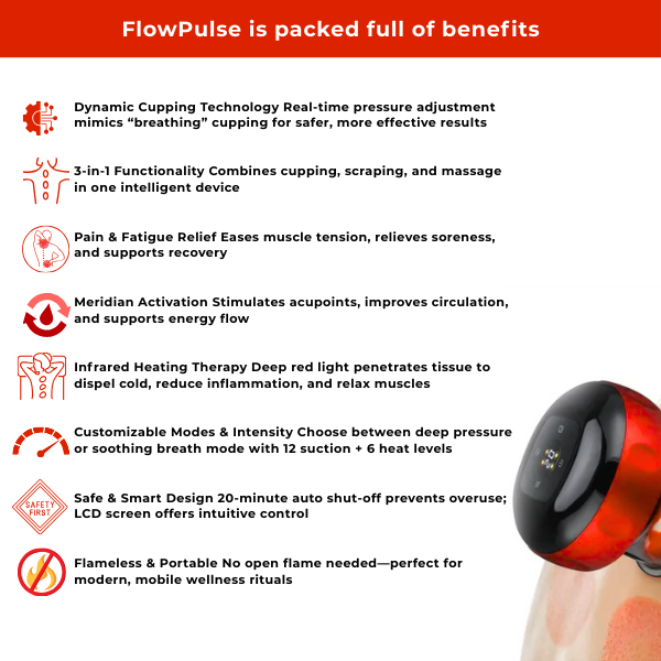 FlowPulse therapy device in red, packed with benefits for pain relief and circulation