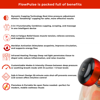 FlowPulse therapy device in red, packed with benefits for pain relief and circulation