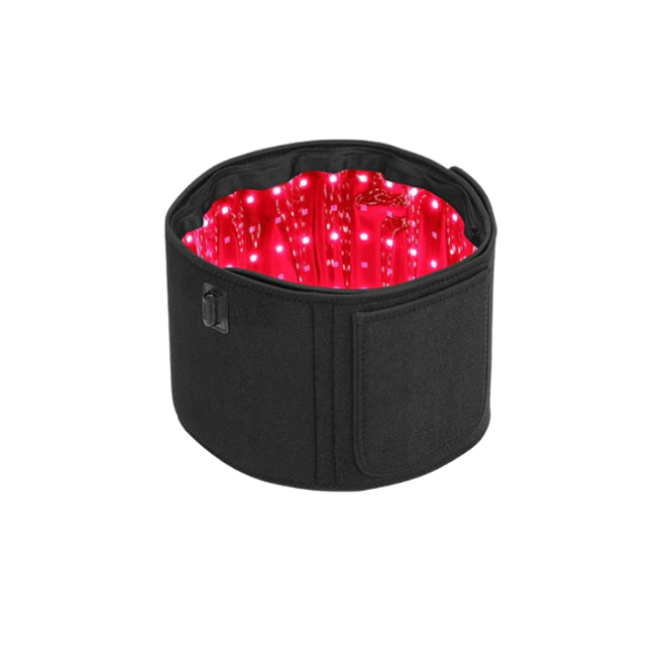Red light therapy belt in black for pain relief and muscle recovery with infrared light technology.