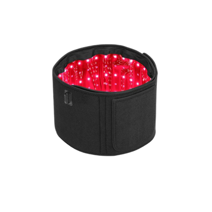 Red light therapy belt in black for pain relief and muscle recovery with infrared light technology.