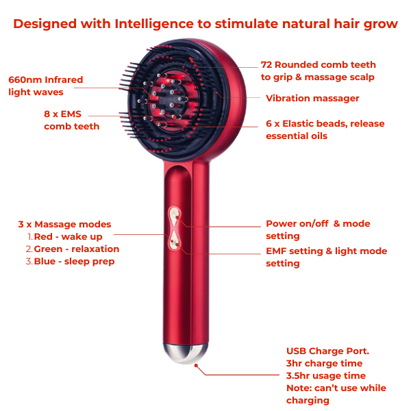 Scalp Therapy Comb with red LED lights for scalp massage and vibrant hair health