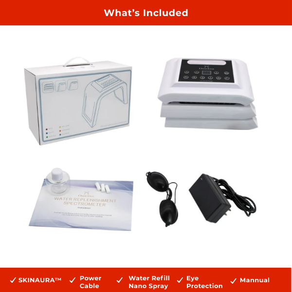 SKINAURA LED facial device kit with power cable, nano refill, eye protection, and manual