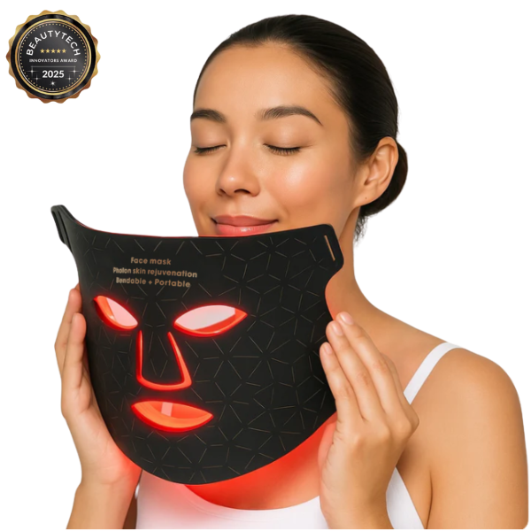 LED Light Therapy Face Mask for skin rejuvenation with red LED lights illuminating woman's face