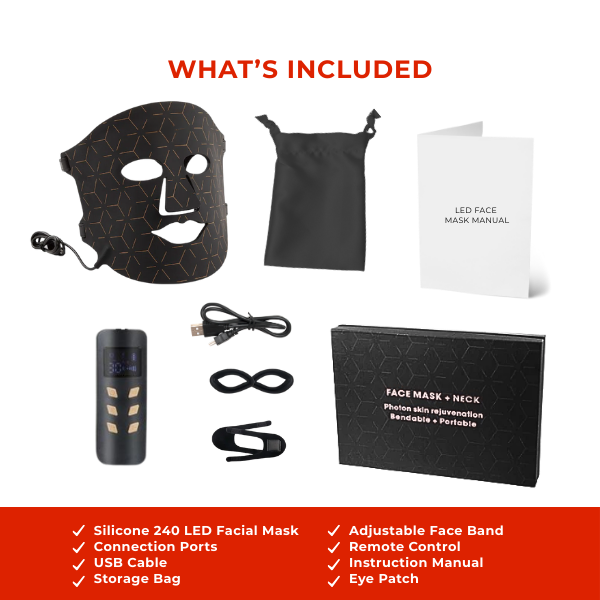 LED Light Therapy Face Mask what's included: silicone 240 LED mask, adjustable controller, USB cable, bag, and eye patch manual