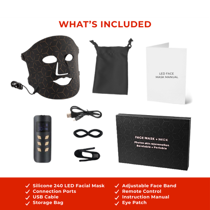 LED Light Therapy Face Mask what's included: silicone 240 LED mask, adjustable controller, USB cable, bag, and eye patch manual