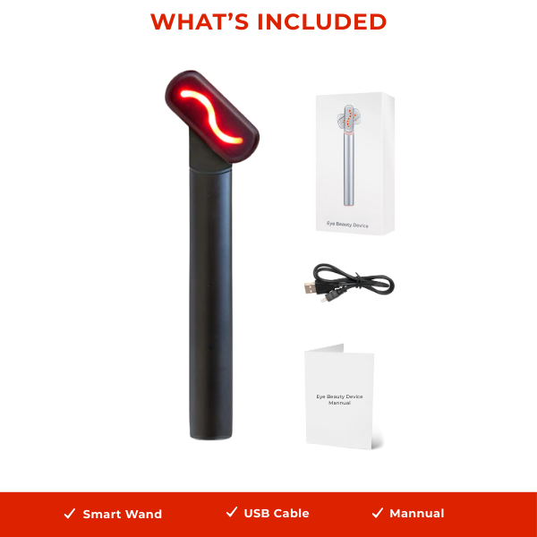 Beauty Therapy Wand smart kit with red LED, USB cable, and manual for eye and skin care