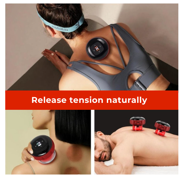 Cupping Therapy Device in red releasing tension naturally on neck and back with cupping marks