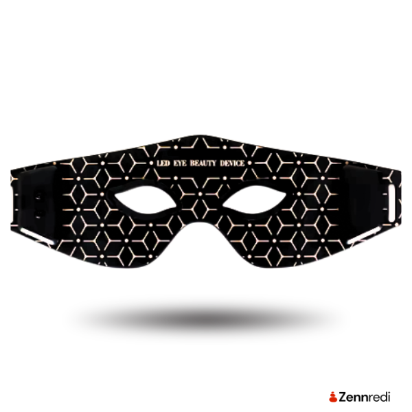 Black eye mask with geometric pattern on a white background, branded 'Zennredi'.