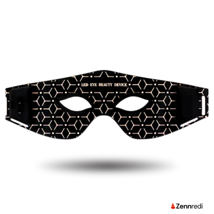 Black eye mask with geometric pattern on a white background, branded 'Zennredi'.