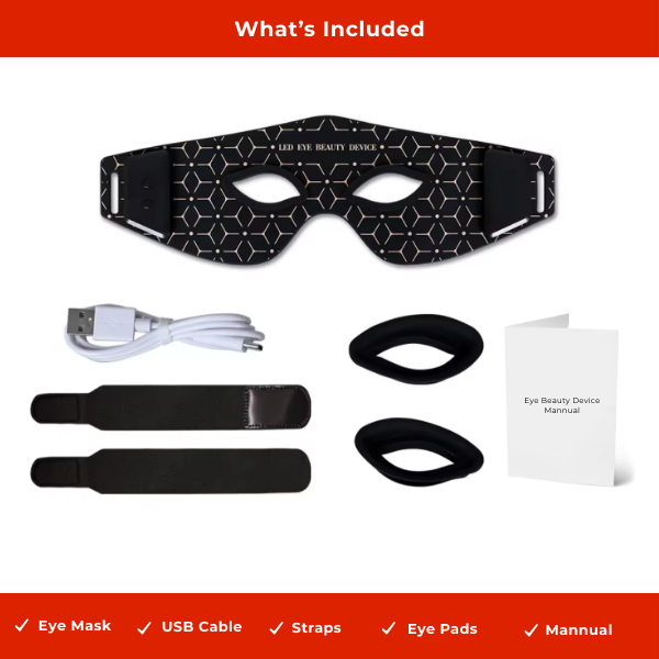 Red Light Therapy Eye Mask with included accessories: USB cable, straps, eye pads, and manual.