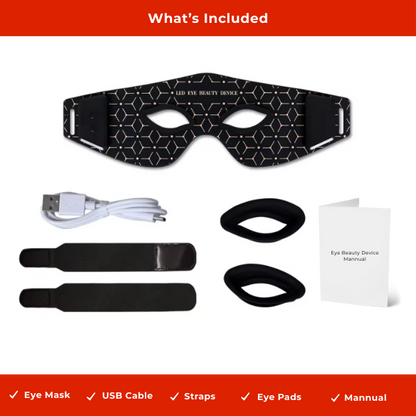 Red Light Therapy Eye Mask with included accessories: USB cable, straps, eye pads, and manual.